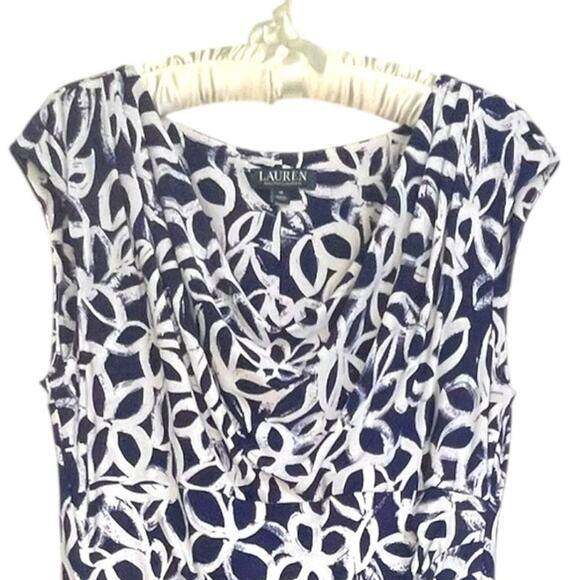 Lauren Ralph Lauren Blue White Abstract Cap Sleeve Sheath Dress Size 16 - Picture 2 of 8